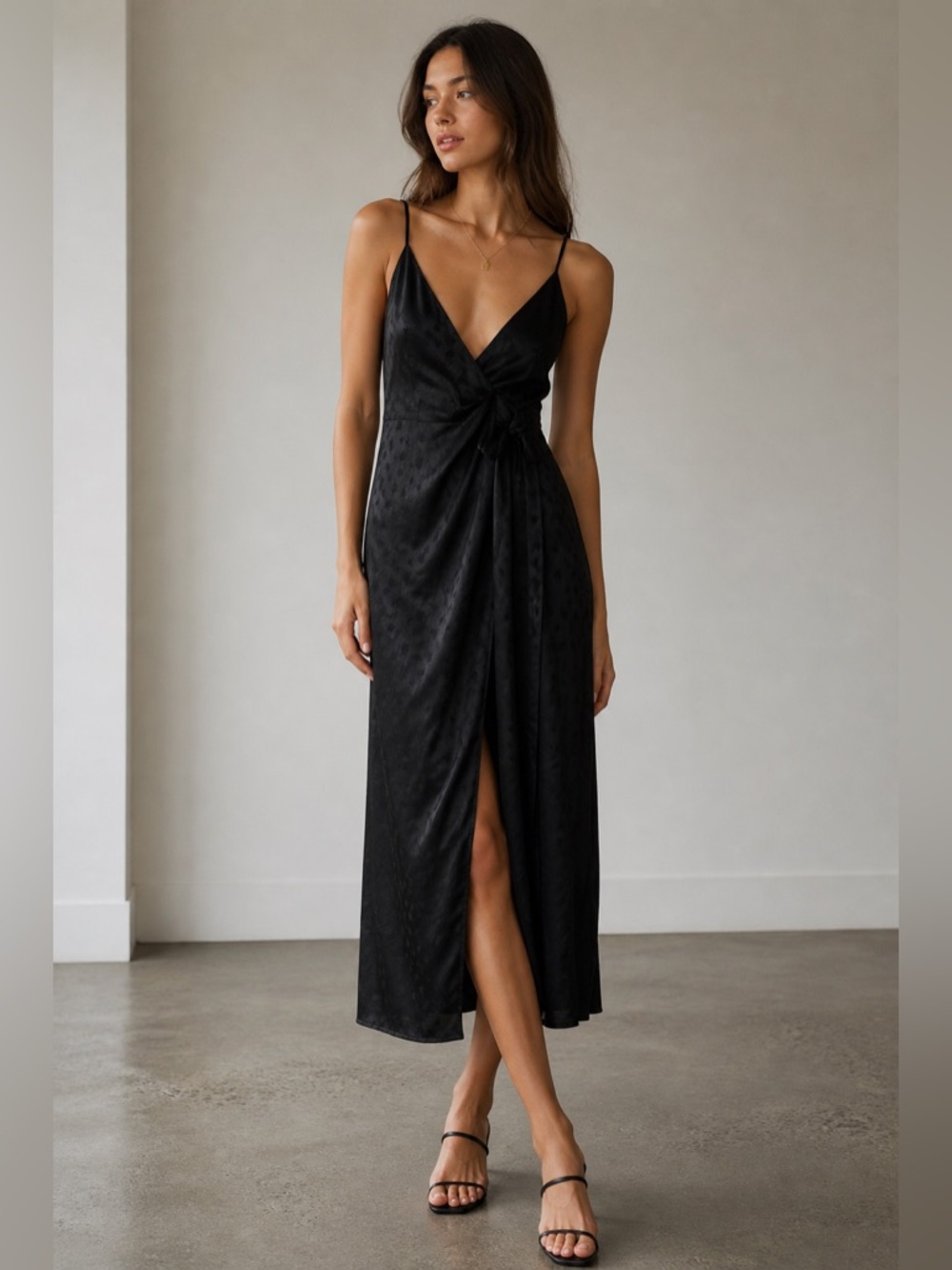 Bec + Bridge Black Jacquard Midi Dress Tie Front Slip US 4